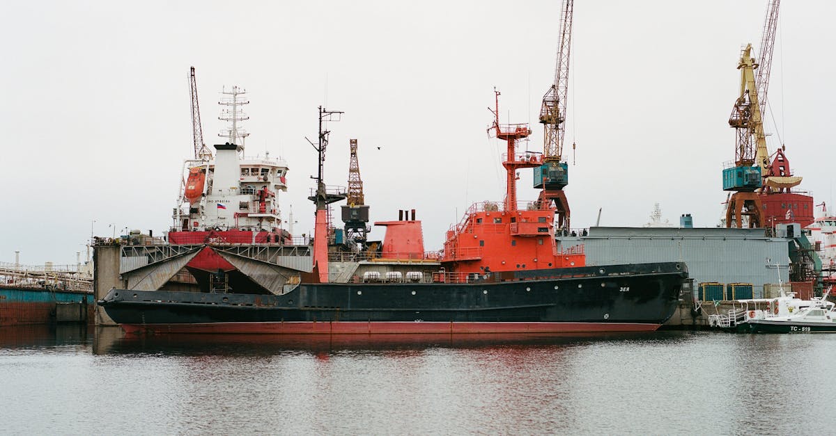 View of industrial cranes and ships docked at a port in Saint Petersburg, Russia. No people visible.